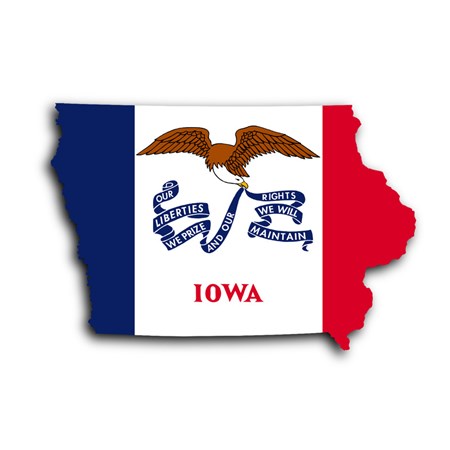 A map of Iowa colored in with its state flag