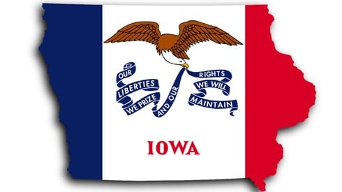 A map of Iowa colored in with its state flag