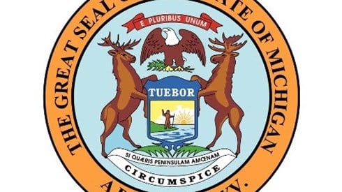 The Great Seal of the State of Michigan has a bald eagle, an elk and moose holding a shield