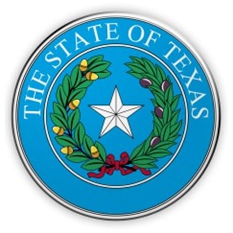 Within a circle are the words THE STATE OF TEXAS above a single star with an oak branch at left and an olive branch at right.