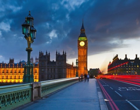 London bridge with Big Ben clock and House of Parliament buildings showing prominently at dusk with clouds
