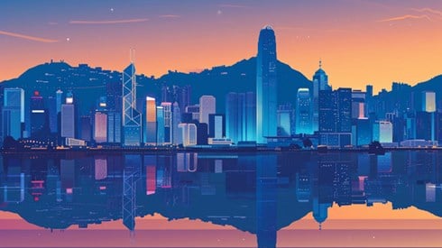 Illustrated skyline of Hong Kong at night