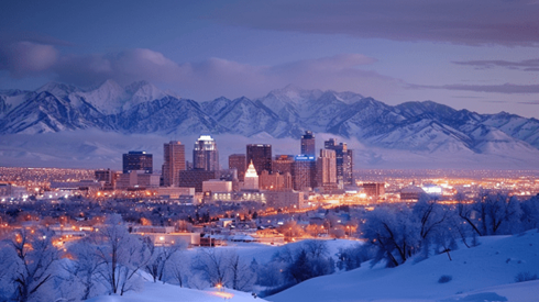 Salt Lake City skyline at night covered in snow during winter