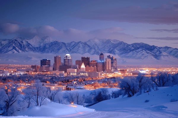 Salt Lake City skyline at night covered in snow during winter
