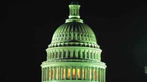 The dome of the US Senate building at night in a greenish light