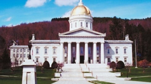 A view of the Vermont State Capitol building with a long paved pathway, grass, and purplish trees in background