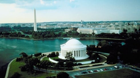 Elevated view of Washington DC showing the Thomas Jefferson Memorial and Washington Monument with Potomac River