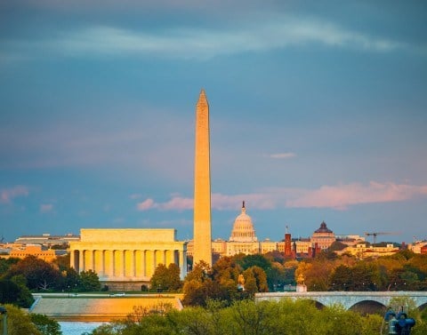 Washington DC skyline showing Lincoln Memorial and Washington Monument and United States Capitol Building