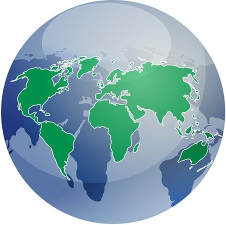 A transparent globe with continents in green and their reflection in blue