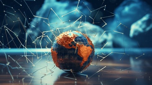 Crackled illustrated image of blue and orange globe sitting on a tabletop