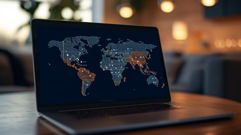 A laptop sitting on a desk with a map of the world on screen