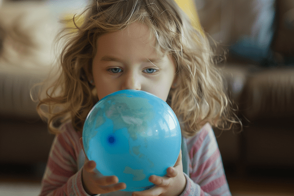 A little girl blowing up a balloon that has a globe printed on it