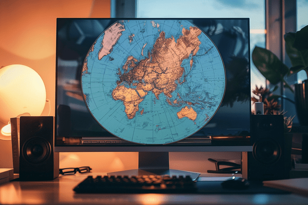 World map on a computer monitor's screen