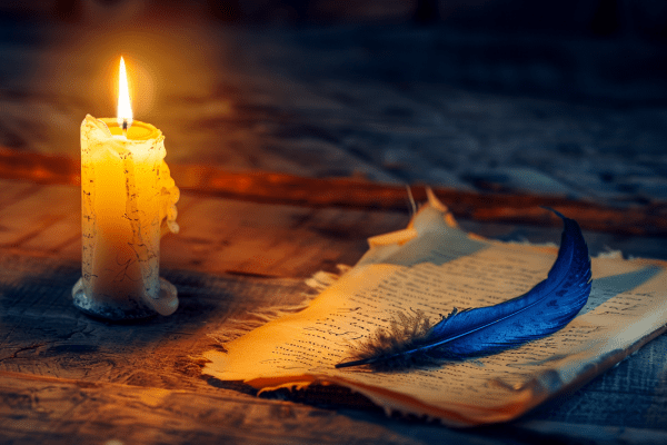 A candlelit parchment contract on a wooden desk with a dark blue feather quill pen lying on top of the contract