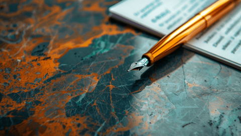 Orange pen lying on top of a contract that is on top of a blue and orange marble table
