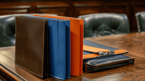 Legal folders and a briefcase sitting on a table in a courtroom.