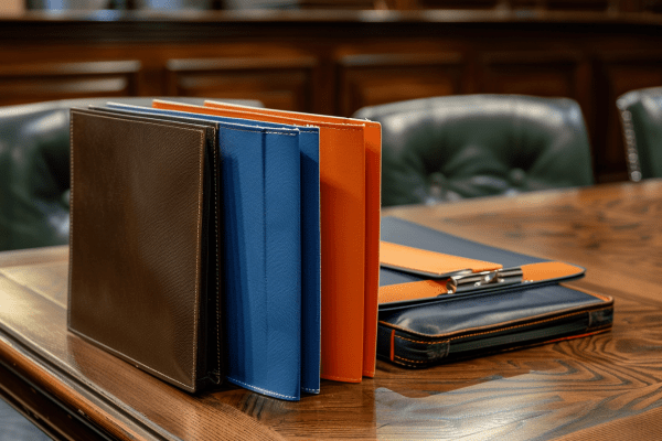 Legal folders and a briefcase sitting on a table in a courtroom.