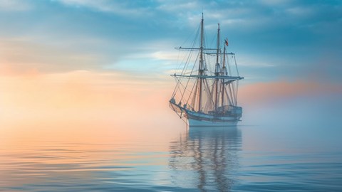 An old-fashioned ship sailing on calm seas
