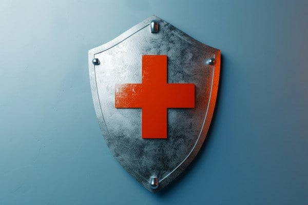Metal shield with red medical cross symbol emblazoned on it