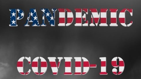The words PANDEMIC COVID19 stenciled with the stars and stripes of the American flag with a grey-black sky background