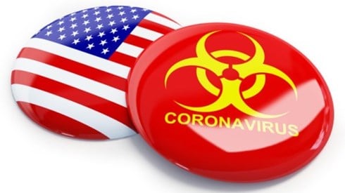 A pinback button with the biohazard symbol and the word coronavirus along with a pinback button of the US flag