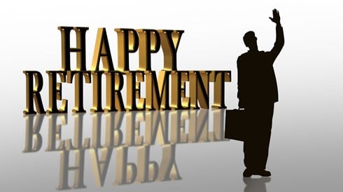 Silhouette of man with briefcase waving goodbye next to three-dimensional letters and reflection spelling out Happy Retirement