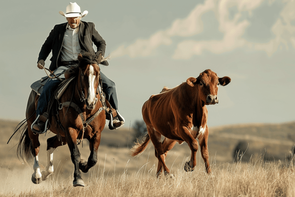A cowboy wearing a suit rides a horse after a cow