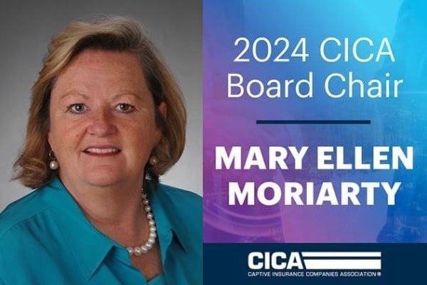 Headshot of Mary Ellen Moriarty to the left of text saying 2024 the Captive Insurance Companies Association (CICA) Board Chair and her name