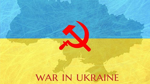 "War in Ukraine" text over outline of Ukraine in Ukraine flag colors