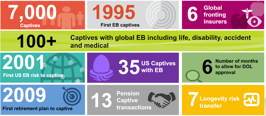 Colorful infographic on the global employee benefits in captives