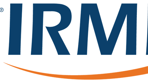 IRMI owl and text logo in navy blue with orange comet tail