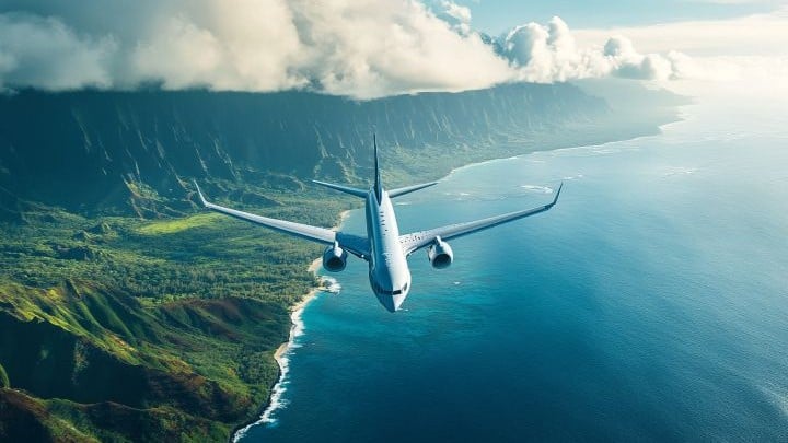 airplane flying over Hawaiian island