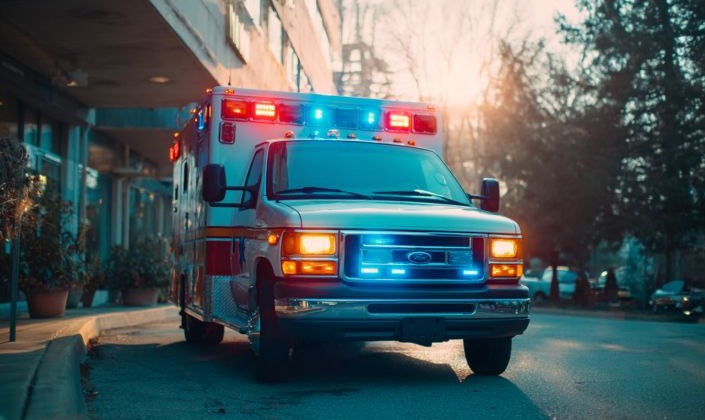 ambulance with red and blue flashing lights parked outside a hospital emergency room