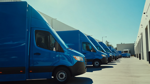 line of blue delivery vans