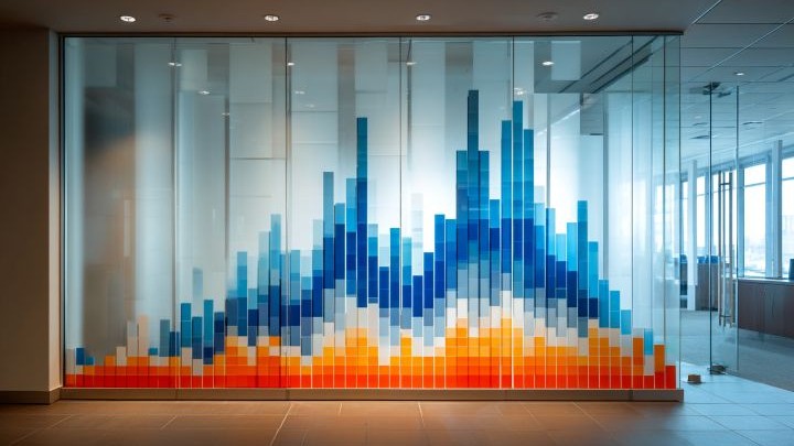 blue and orange pixel bell curve bar chart on a glass wall in a corporate office
