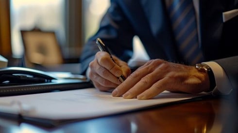 A businessman signing paperwork on his office desk
