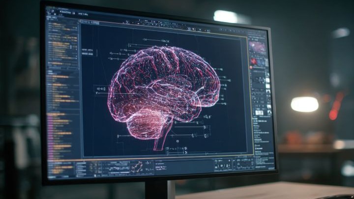 digital brain surrounded by math equations on a computer monitor