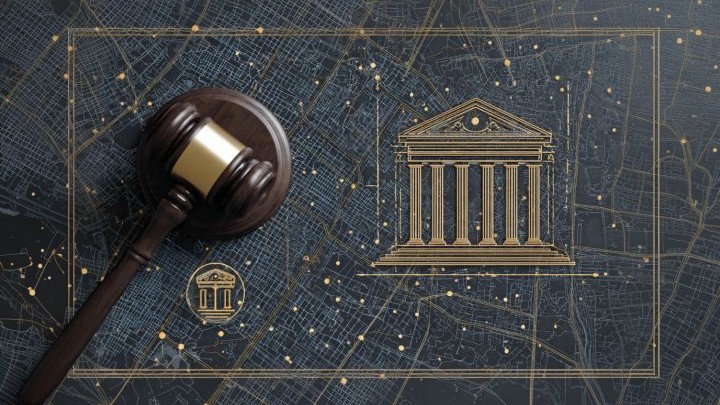 overhead view of a real gavel on a rest on the left sitting on top of a gray map with a large courthouse icon in gold on the right