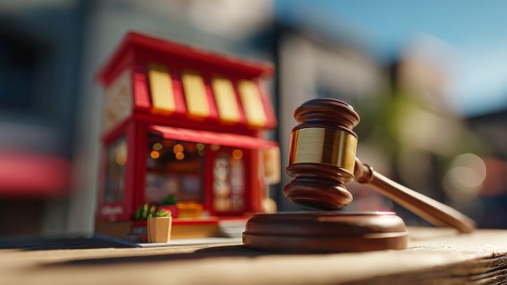 regular-sized legal gavel in front of a small model mom & pop grocery store