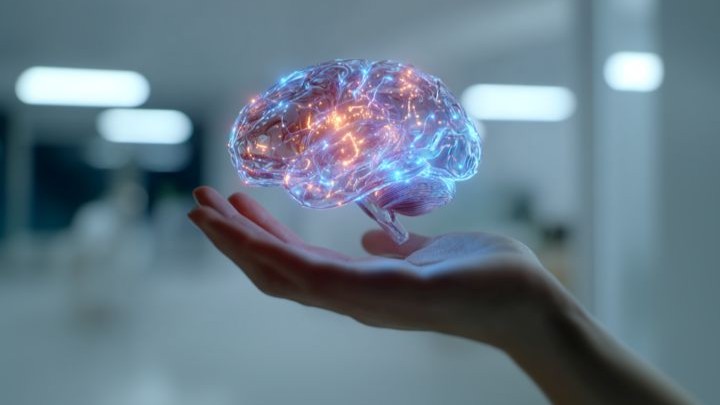 glowing blue and orange digital brain hovering over a businesswoman's hand in a bright modern office