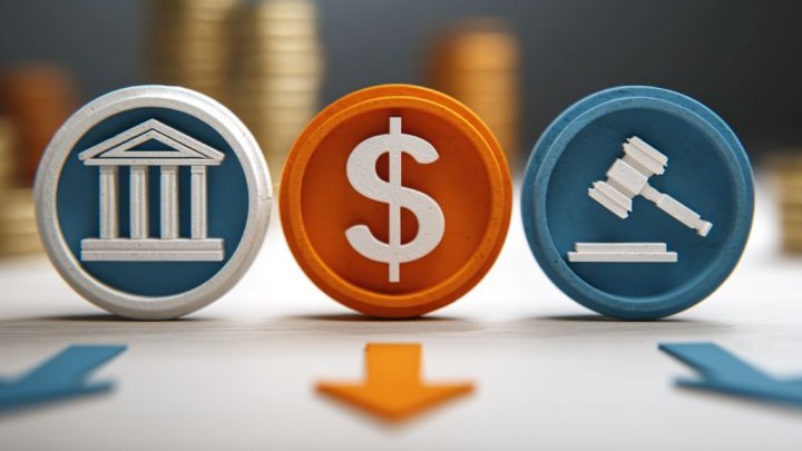 courthouse, dollar sign, and gavel icons with arrows