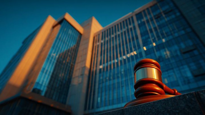 looking up at a tall commercial building with a gavel in the foreground