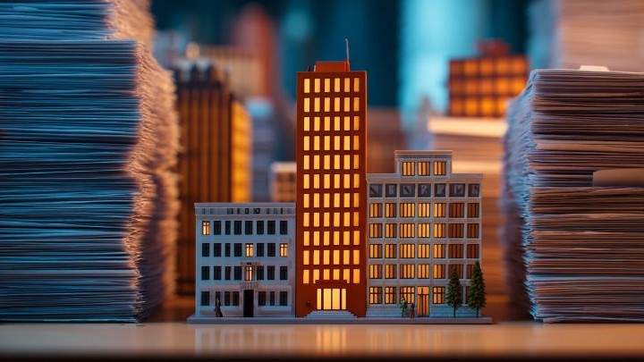 three miniature business buildings surrounded by stacks of regular size papers