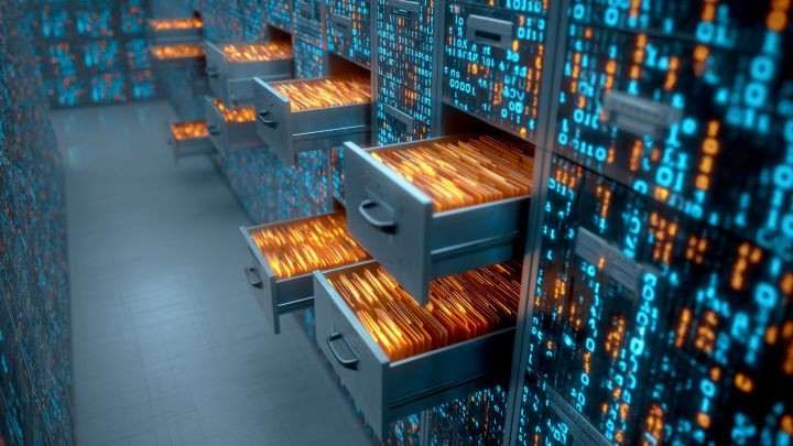 orange and blue binary code files in open drawers coming from digital filing cabinets