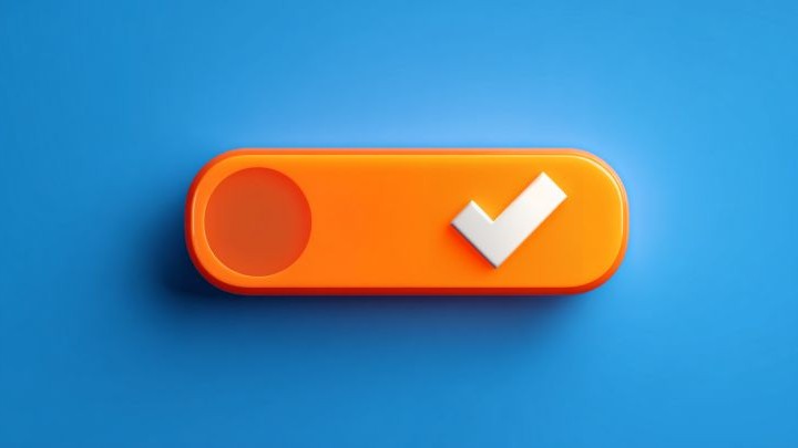 orange slider toggle switch with a white checkmark on a blue background