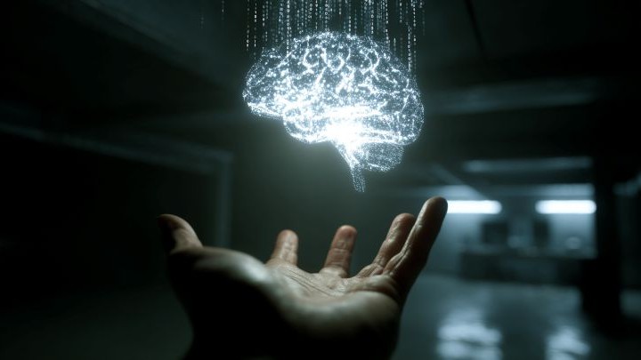 first person pov of an open hand with a digital glowing brain hovering above it