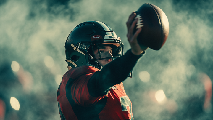 football quarterback holding a football in the air. Edge of Risk Podcast by IRMI logo in the corner