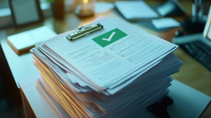 stack of insurance forms on a desk with a large green checkmark on top