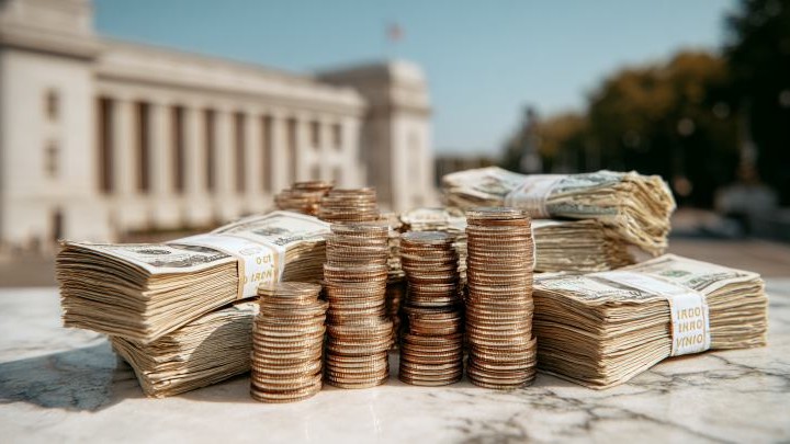 stacks of coins and paper currency on a marble countertop in front of a government building