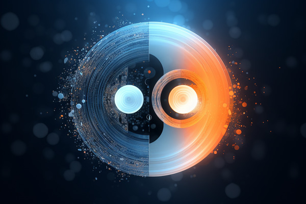 Two Circles Side by Side within a Larger Circle Divided Vertically in Half - Abstract Illustration Representing Interaction